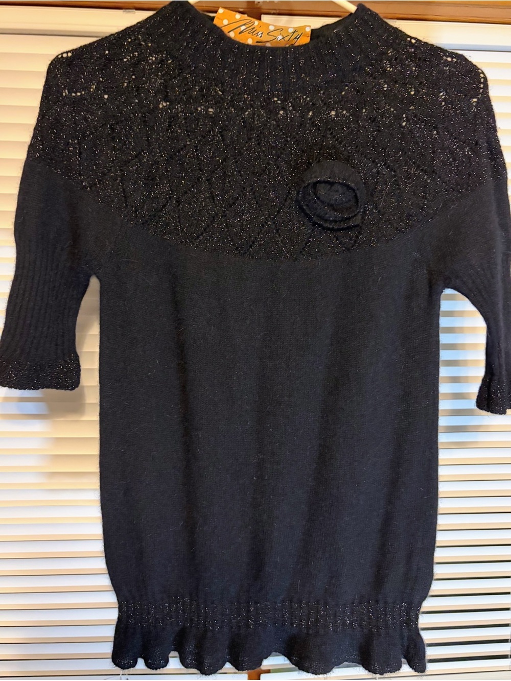 NWT Miss Sixty Italian Black Short-Sleeve Sweater with Textured Yoke and Rosette